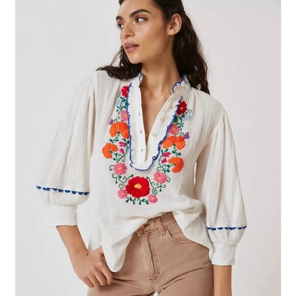 Antik Batik Floral Hand-Embroidered Ruffle Collar Clotilda Crepe Blouse - Small - Picture 1 of 14